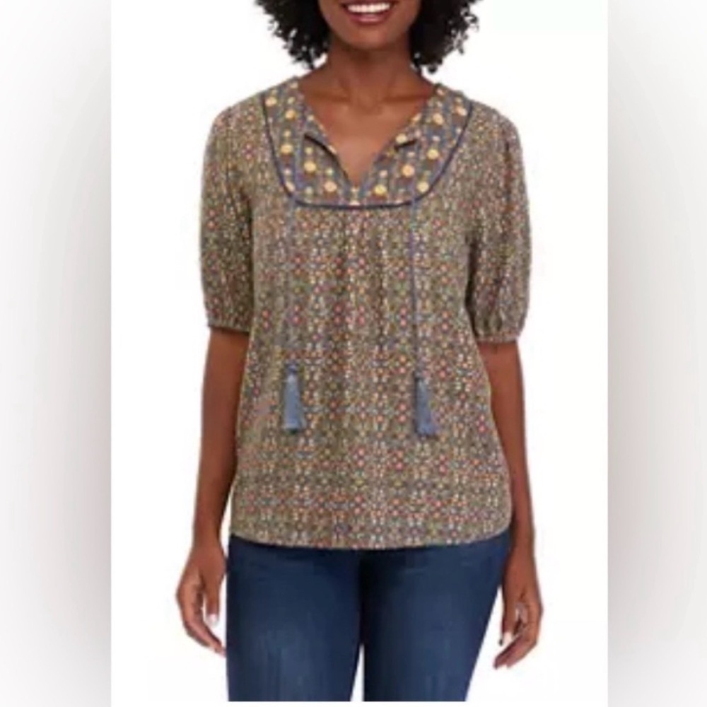WONDERLY linen blend floral puff sleeve peasant blouse size medium cottagecore